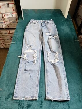 American Eagle Jeans Size 000 Womens Blue Distressed Stretch Curvy 90s Straight